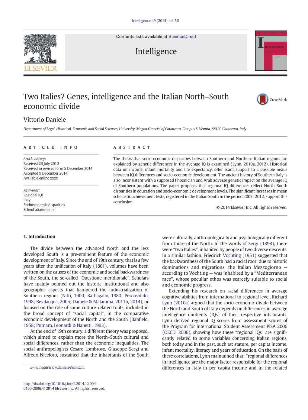 Two Italies? Genes, Intelligence and the Italian North–South Economic Divide