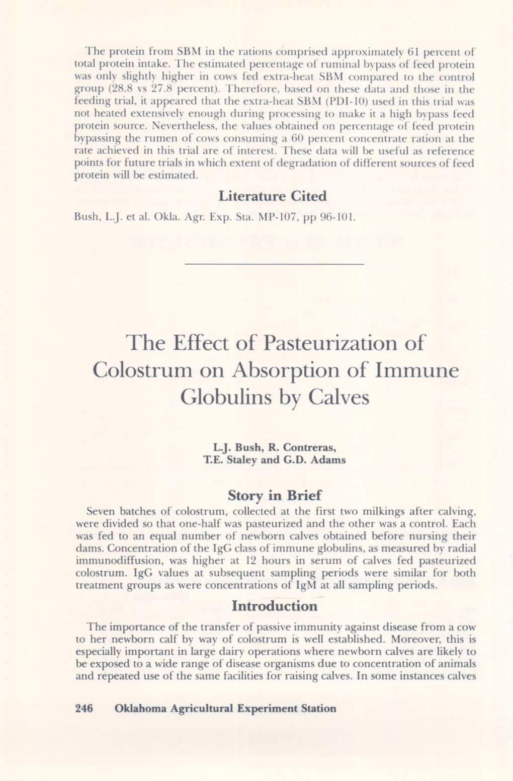 The Effect of Pasteurization of Colostrum on Absorption of Immune Globulins by Calves