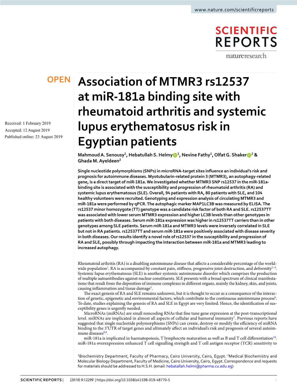 Association of MTMR3 Rs12537 at Mir-181A Binding Site with Rheumatoid