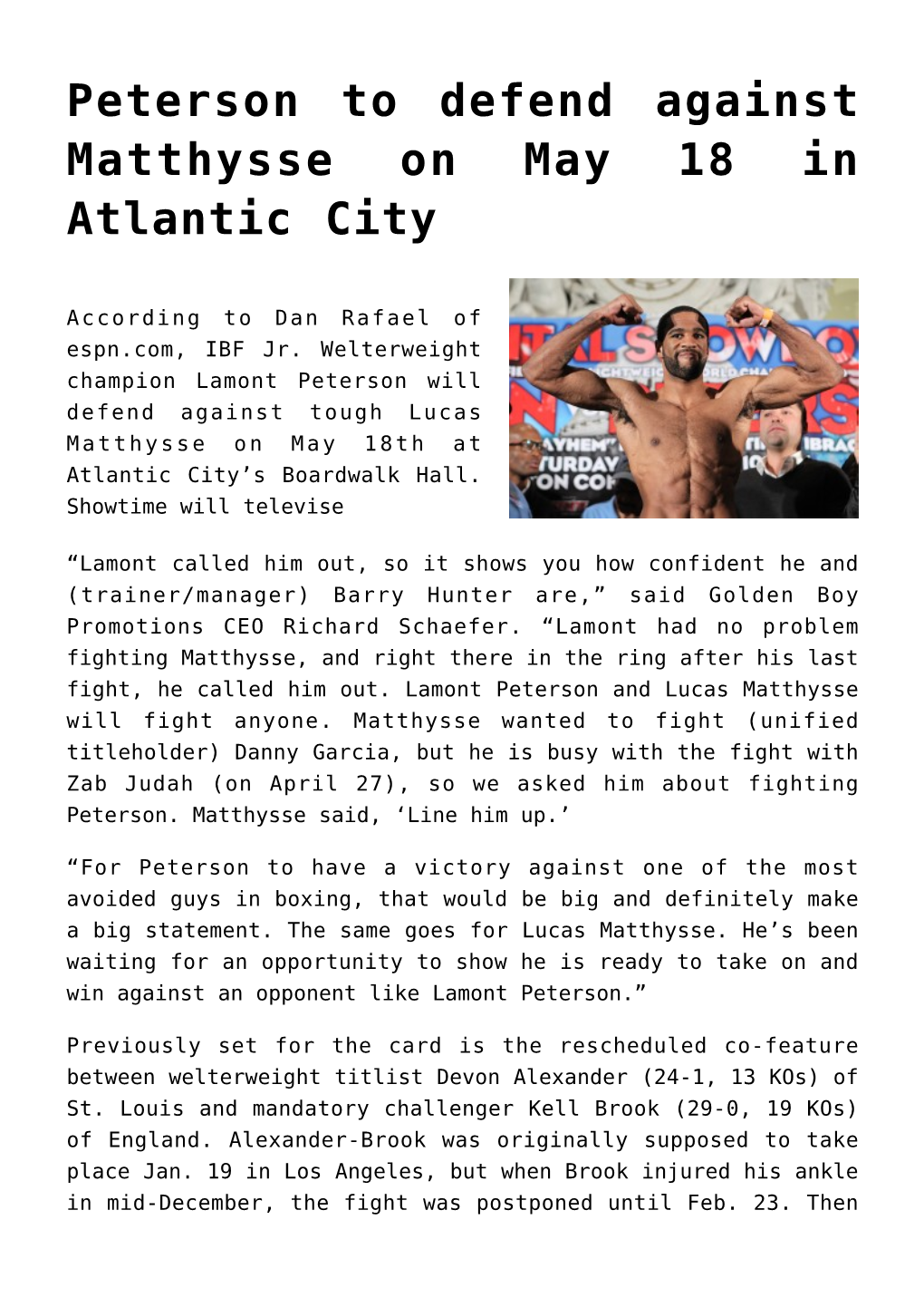 Peterson to Defend Against Matthysse on May 18 in Atlantic City