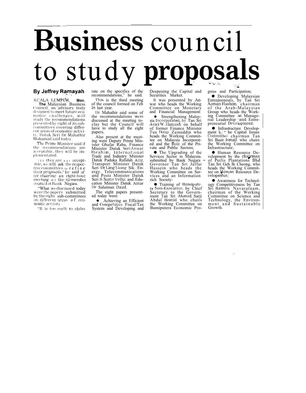 Business Council to Study Proposals (NST 18/08/1992)