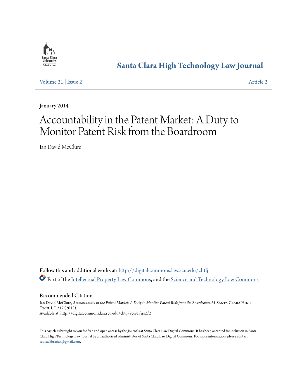 A Duty to Monitor Patent Risk from the Boardroom Ian David Mcclure