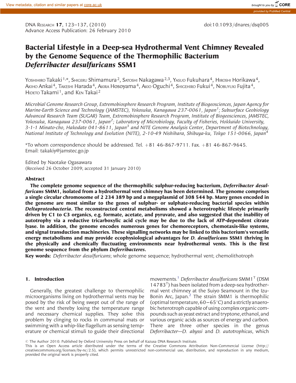 Bacterial Lifestyle in a Deep-Sea Hydrothermal Vent Chimney Revealed by the Genome Sequence of the Thermophilic Bacterium Deferribacter Desulfuricans SSM1