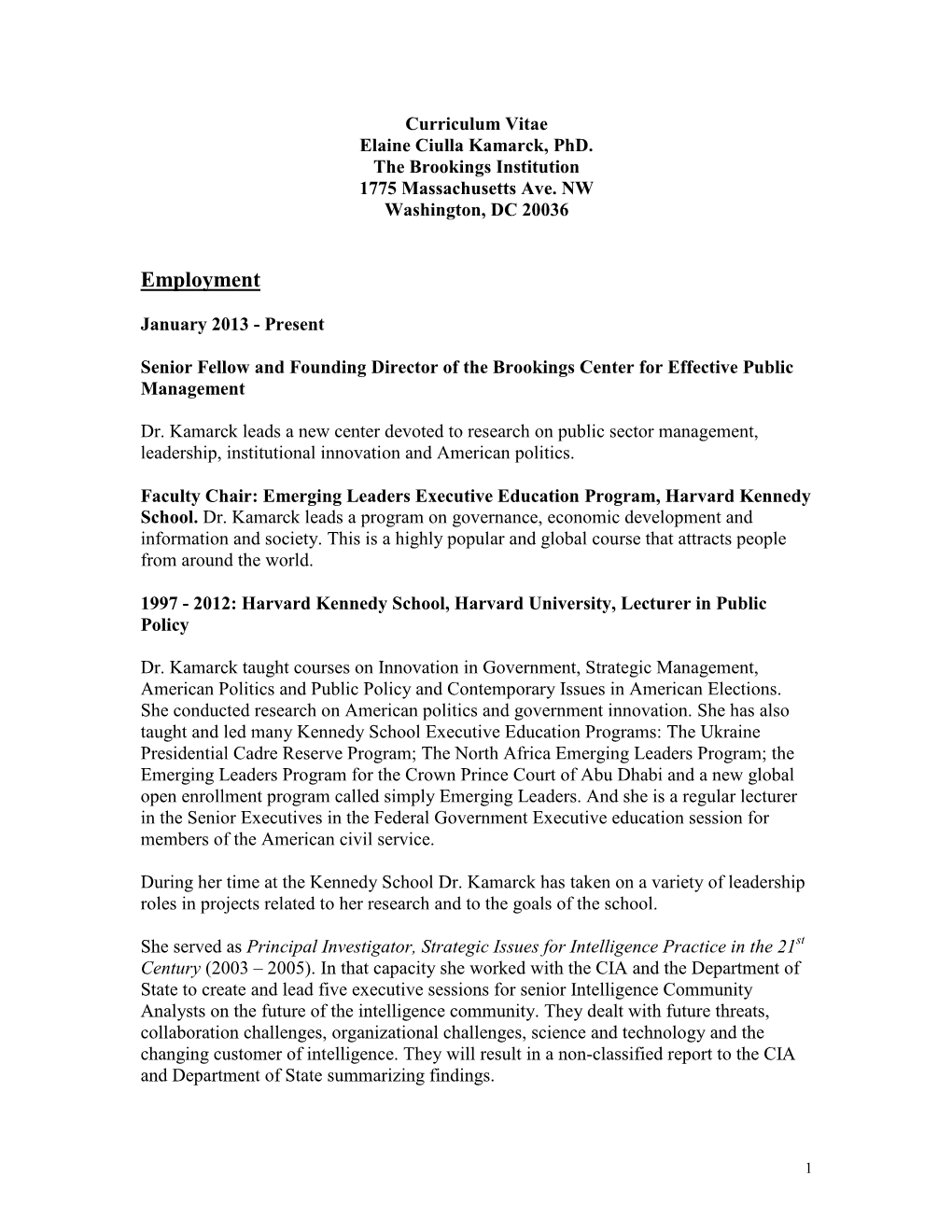 Elaine Kamarck's CV