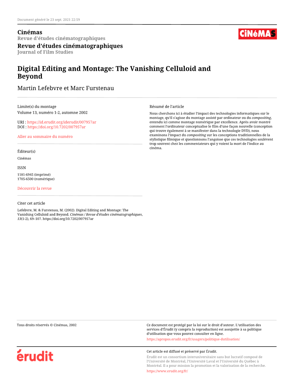 Digital Editing and Montage: the Vanishing Celluloid and Beyond Martin Lefebvre Et Marc Furstenau