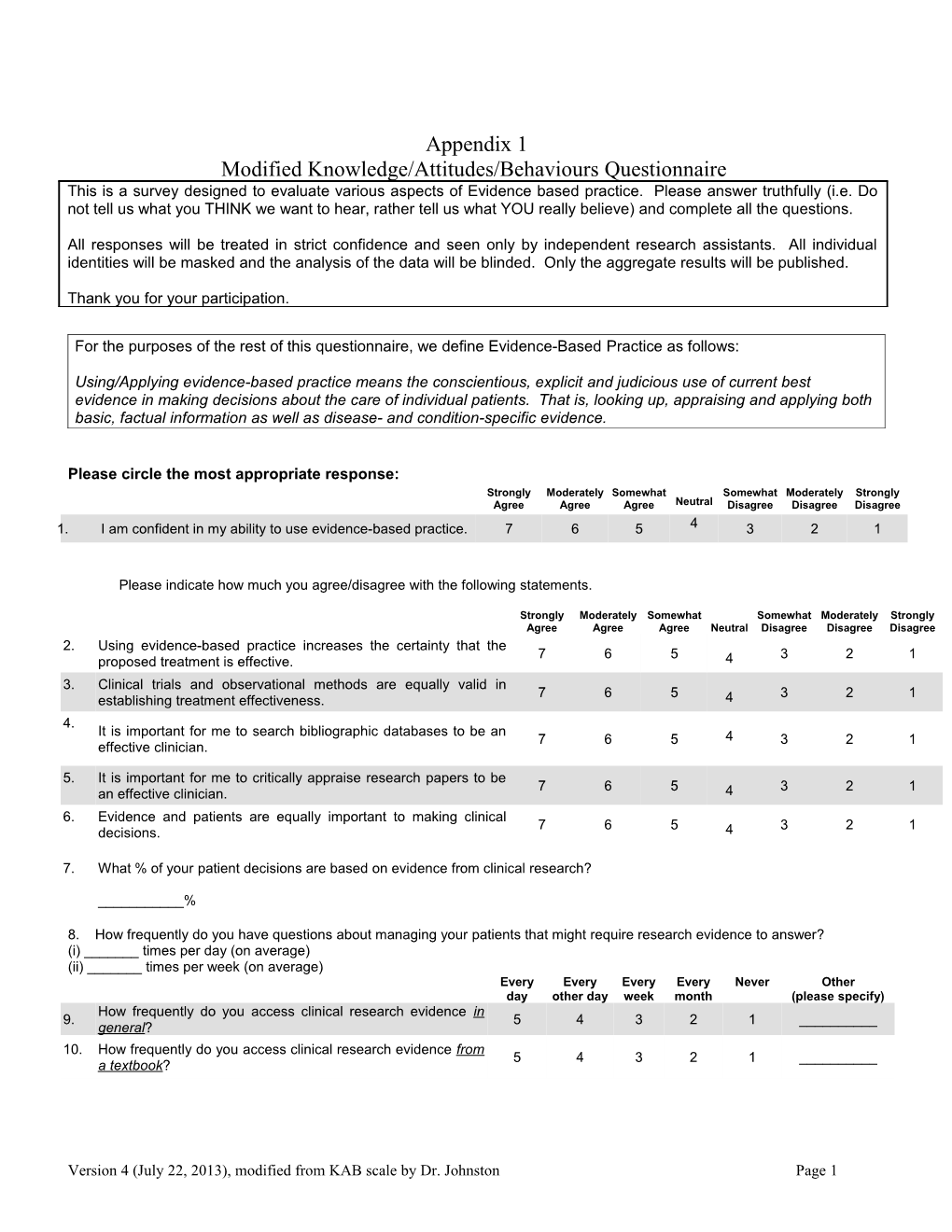 Modified Knowledge/Attitudes/Behaviours Questionnaire