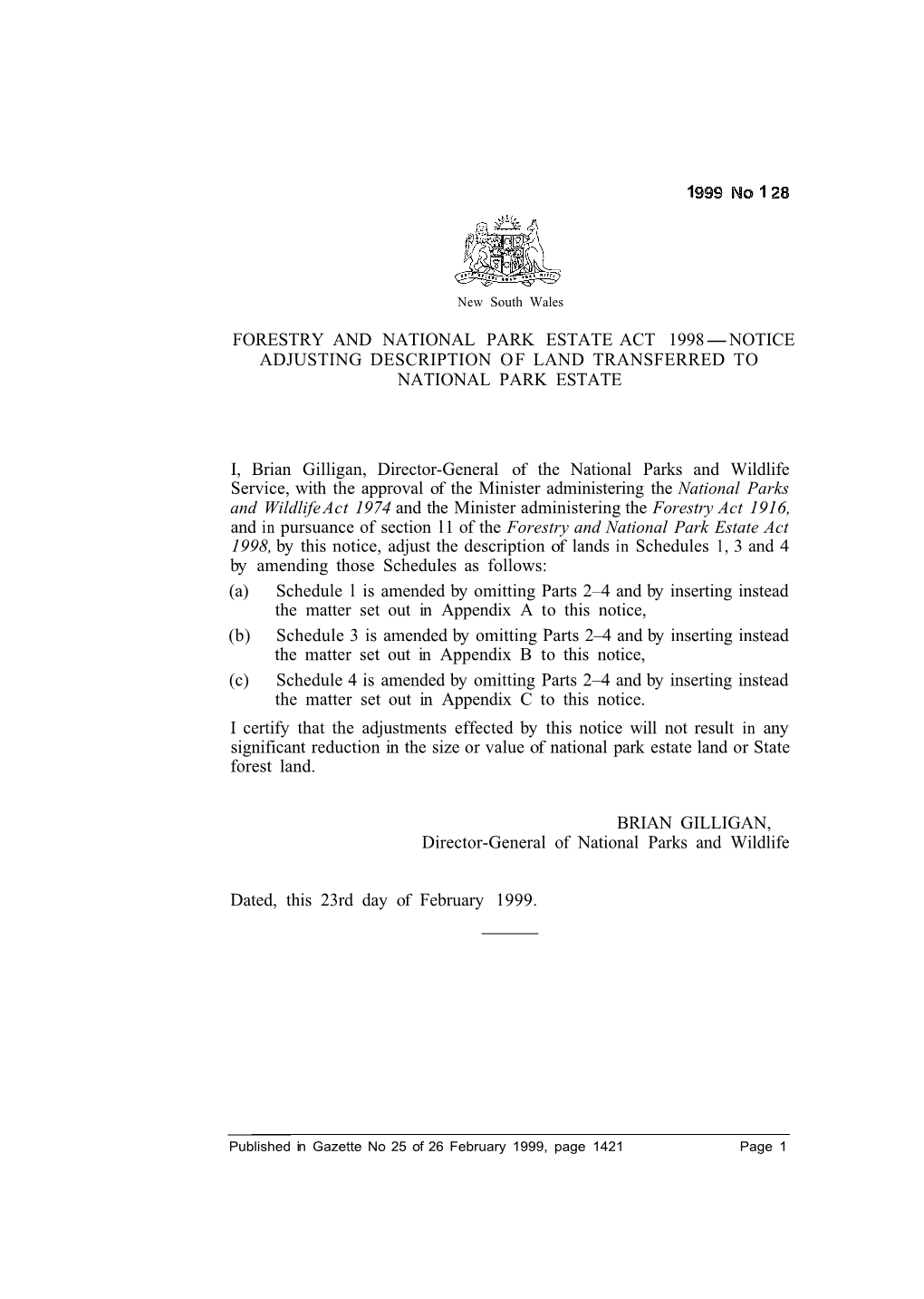 Forestry and National Park Estate Act 1998-Notice Adjusting Description of Land Transferred to National Park Estate