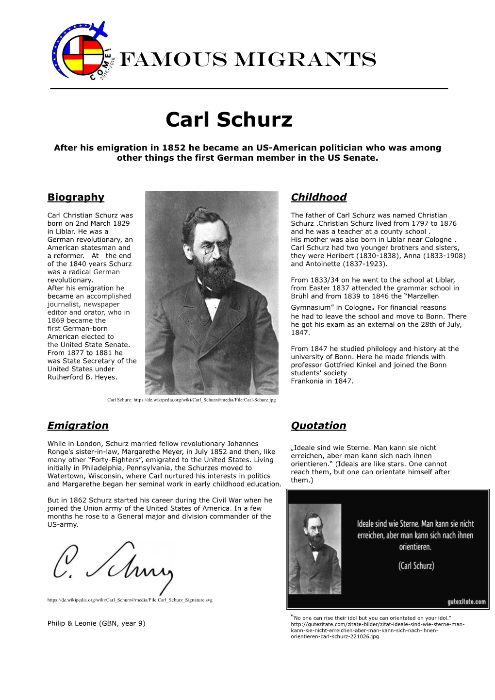 FAMOUS MIGRANTS Carl Schurz