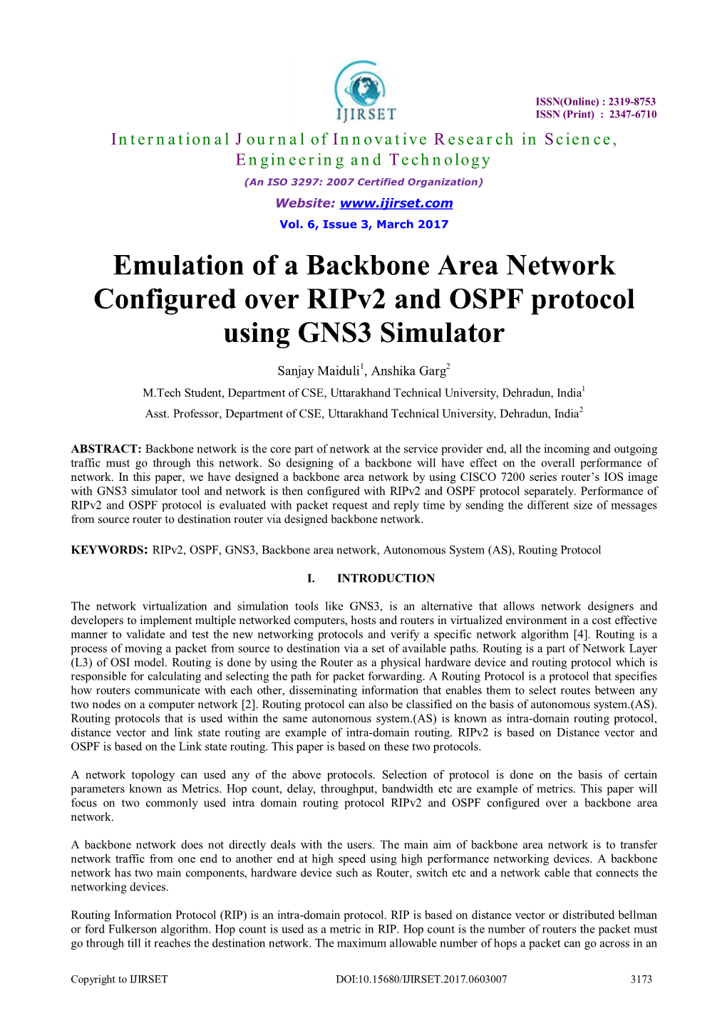 Emulation of a Backbone Area Network Configured Over Ripv2 and OSPF Protocol Using GNS3 Simulator