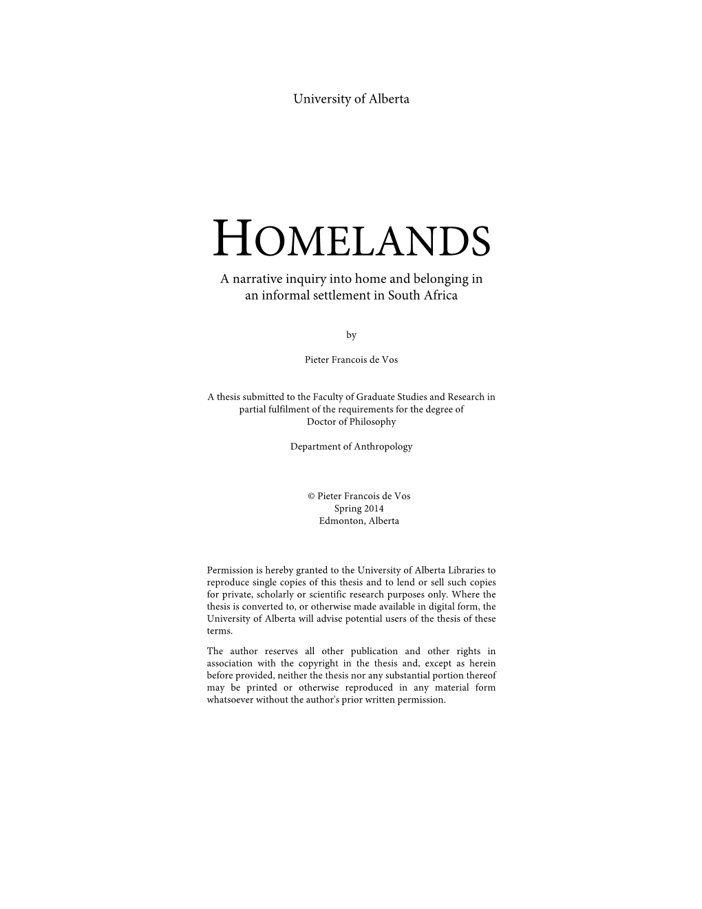 De Vos, PF, 2014, HOMELANDS: a Narrative Inquiry