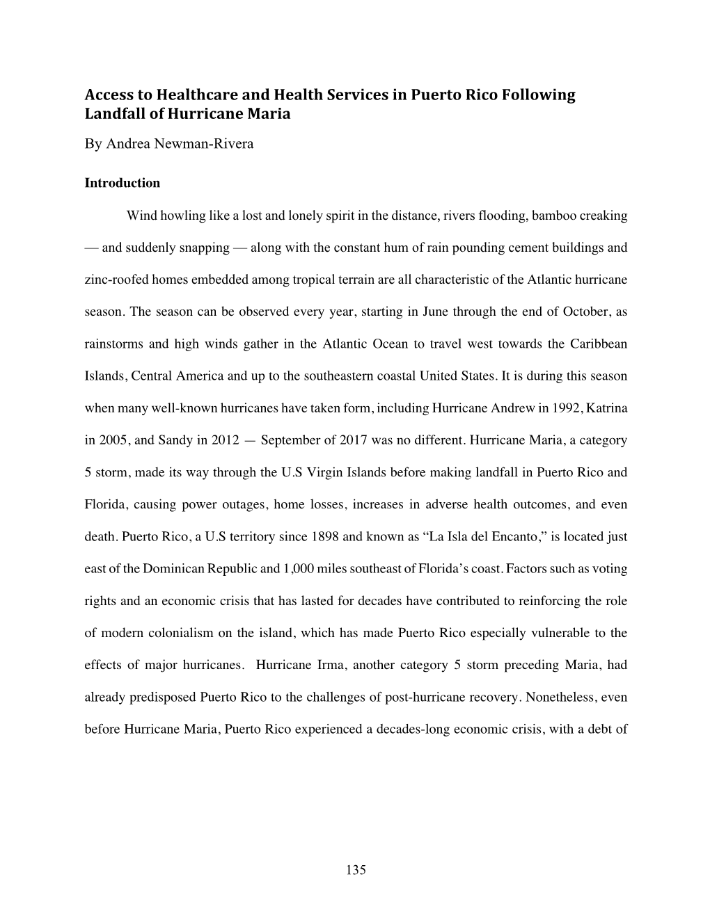 Access to Healthcare and Health Services in Puerto Rico Following Landfall of Hurricane Maria by Andrea Newman-Rivera