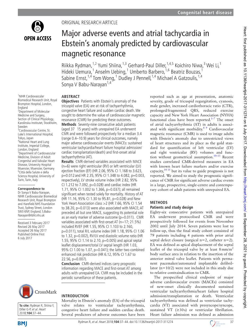 Major Adverse Events and Atrial Tachycardia in Ebstein's Anomaly