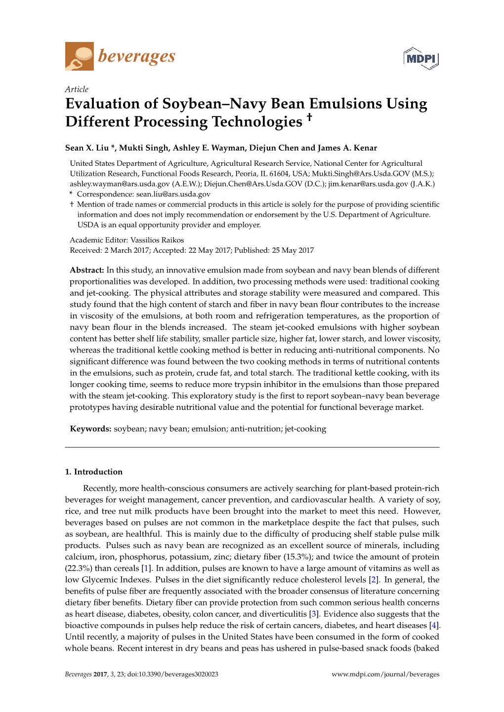 Evaluation of Soybean–Navy Bean Emulsions Using Different Processing Technologies †