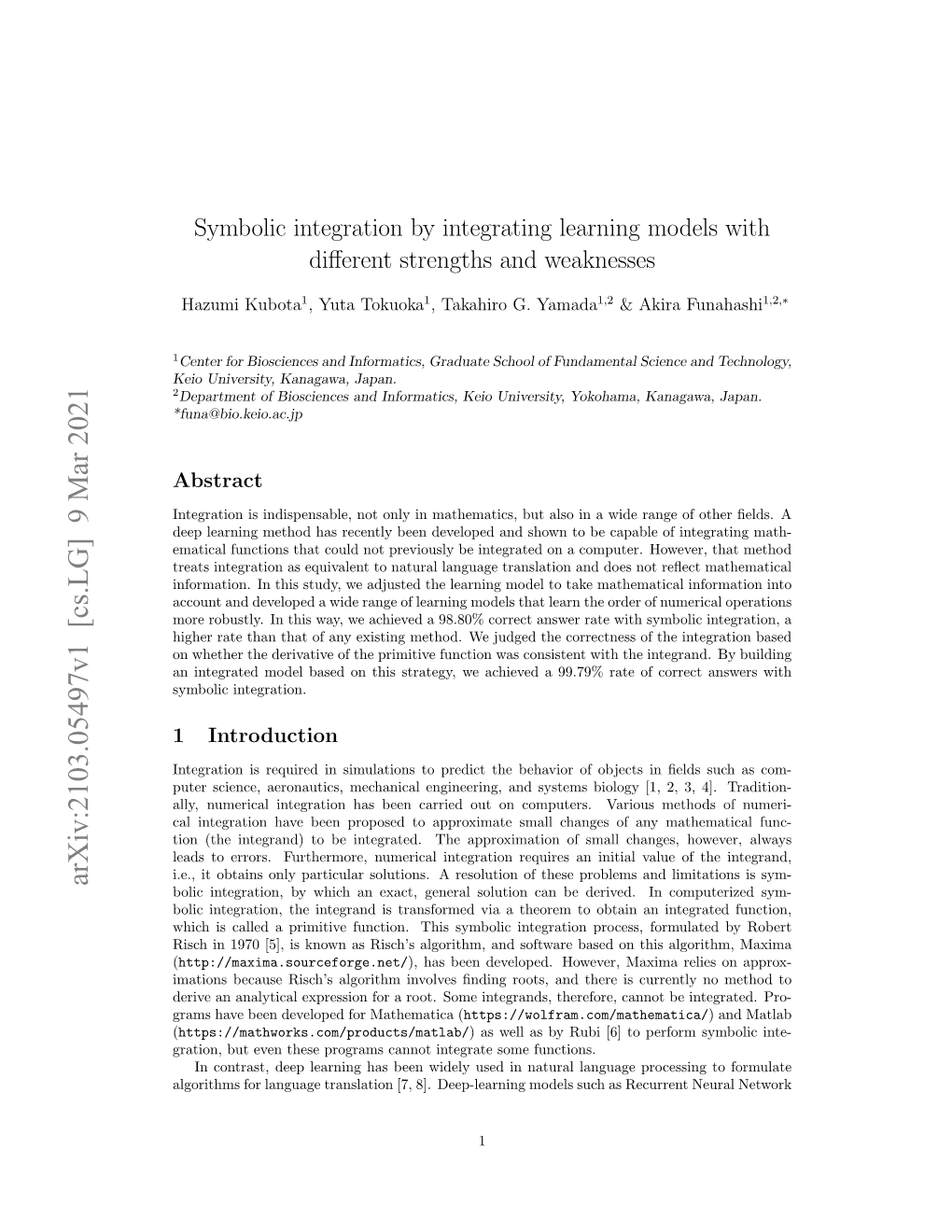 Arxiv:2103.05497V1 [Cs.LG] 9 Mar 2021 Bolic Integration, by Which an Exact, General Solution Can Be Derived