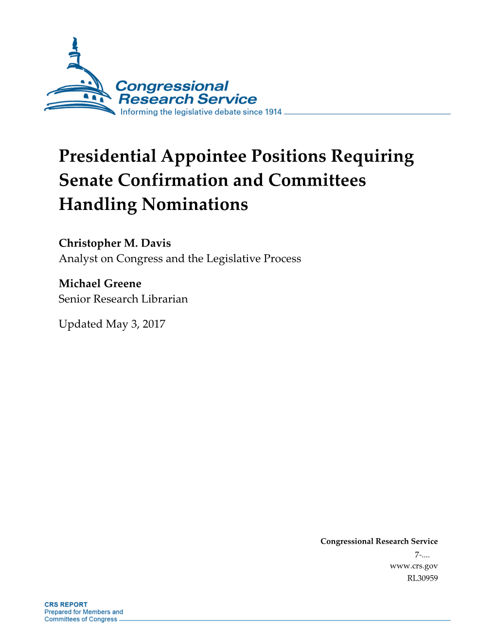 Presidential Appointee Positions Requiring Senate Confirmation and Committees Handling Nominations