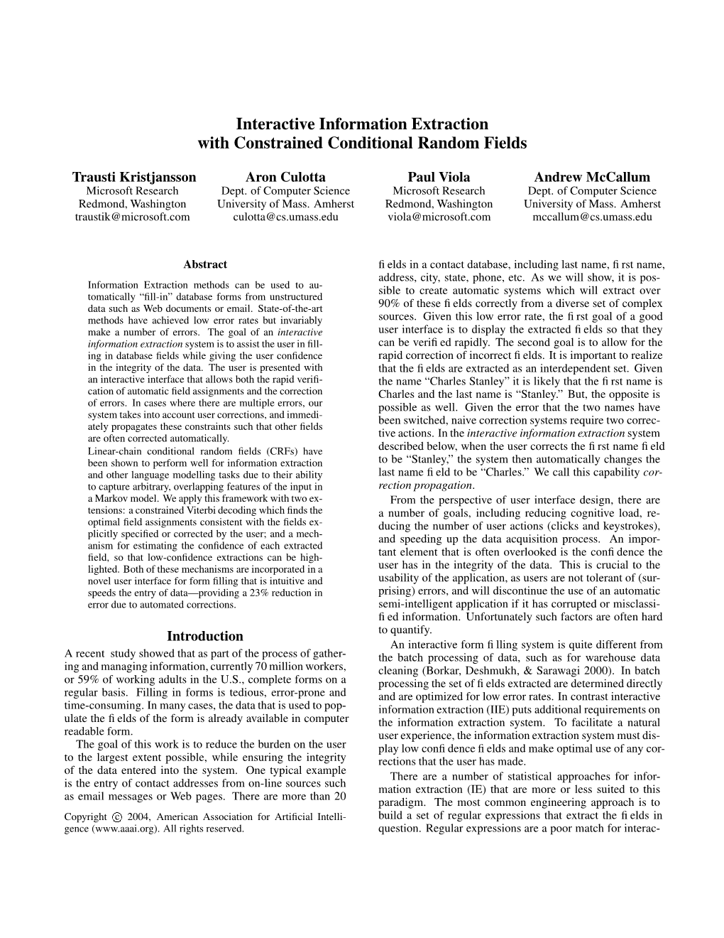 Interactive Information Extraction with Constrained Conditional Random Fields