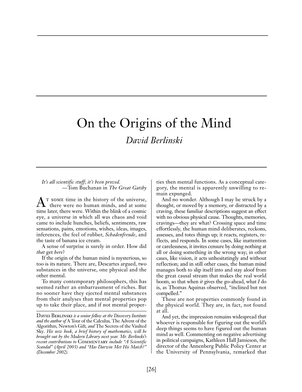 Berlinski's on the Origins of the Mind