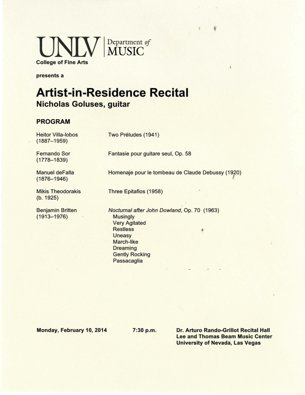 Artist-In-Residence Recital Nicholas Goluses, Guitar