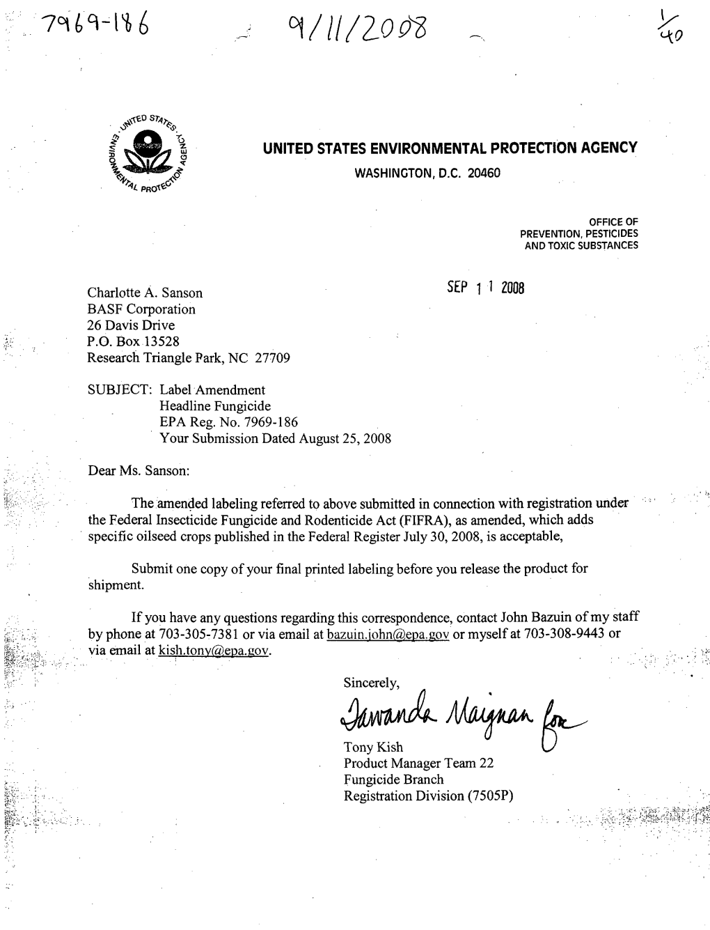 U.S. EPA, Pesticide Product Label, HEADLINE FUNGICIDE, 09/11/2008