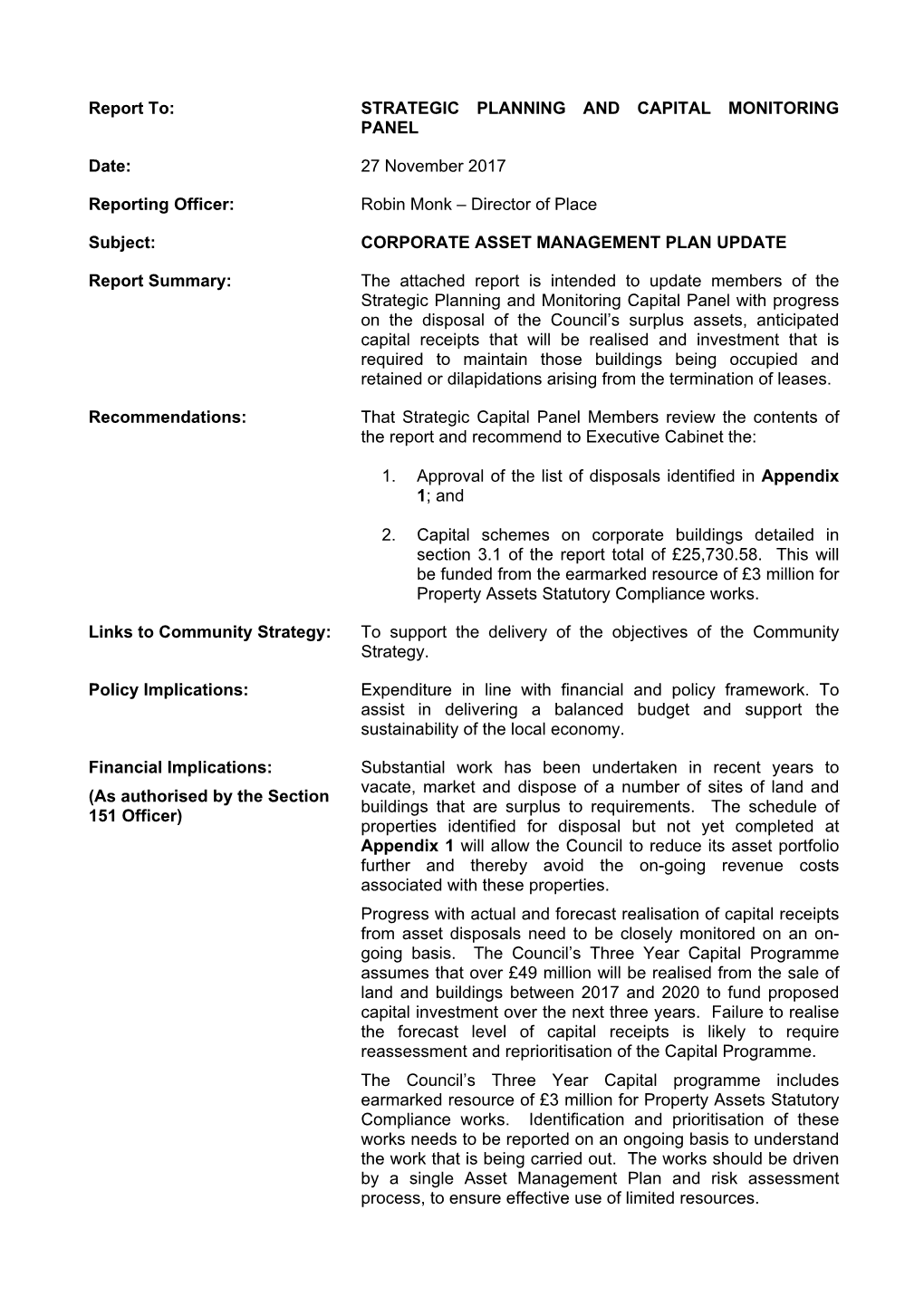 STRATEGIC PLANNING and CAPITAL MONITORING PANEL Date