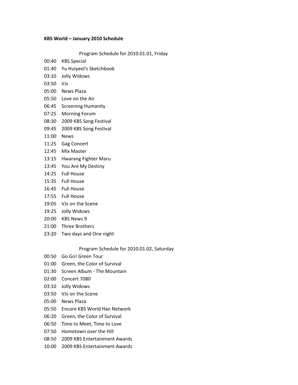 KBS World – January 2010 Schedule