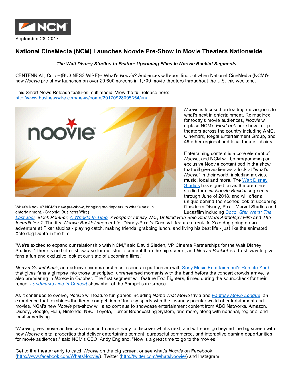 Launches Noovie Pre-Show in Movie Theaters Nationwide