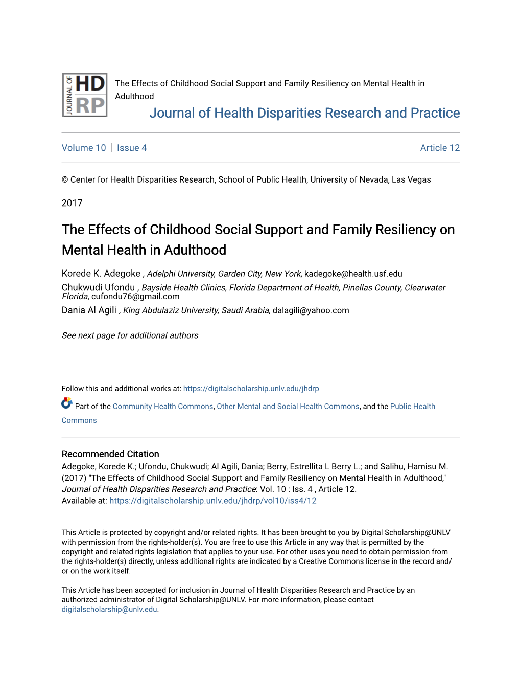 The Effects of Childhood Social Support and Family Resiliency on Mental Health in Adulthood Journal of Health Disparities Research and Practice