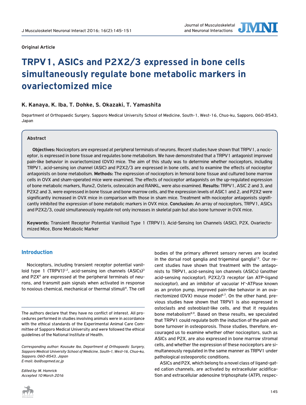 TRPV1, Asics and P2X2/3 Expressed in Bone Cells Simultaneously Regulate Bone Metabolic Markers in Ovariectomized Mice