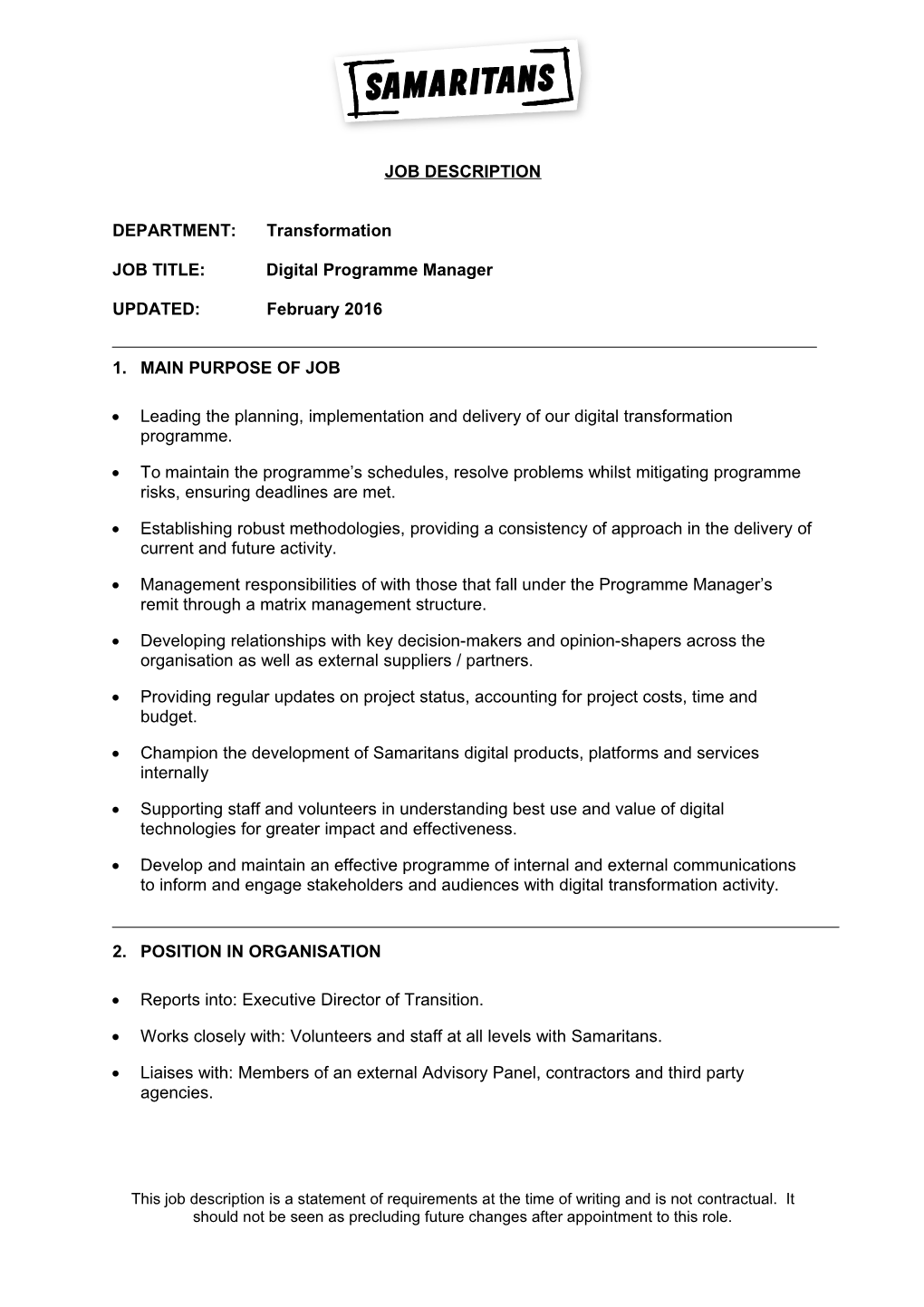 JOB TITLE: Digital Programme Manager