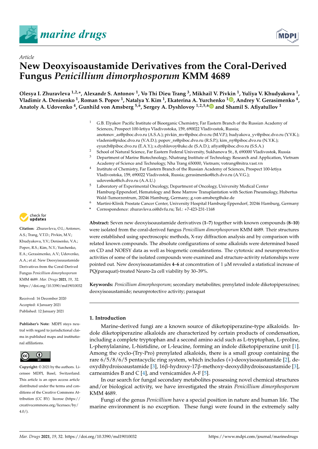 New Deoxyisoaustamide Derivatives from the Coral-Derived Fungus Penicillium Dimorphosporum KMM 4689