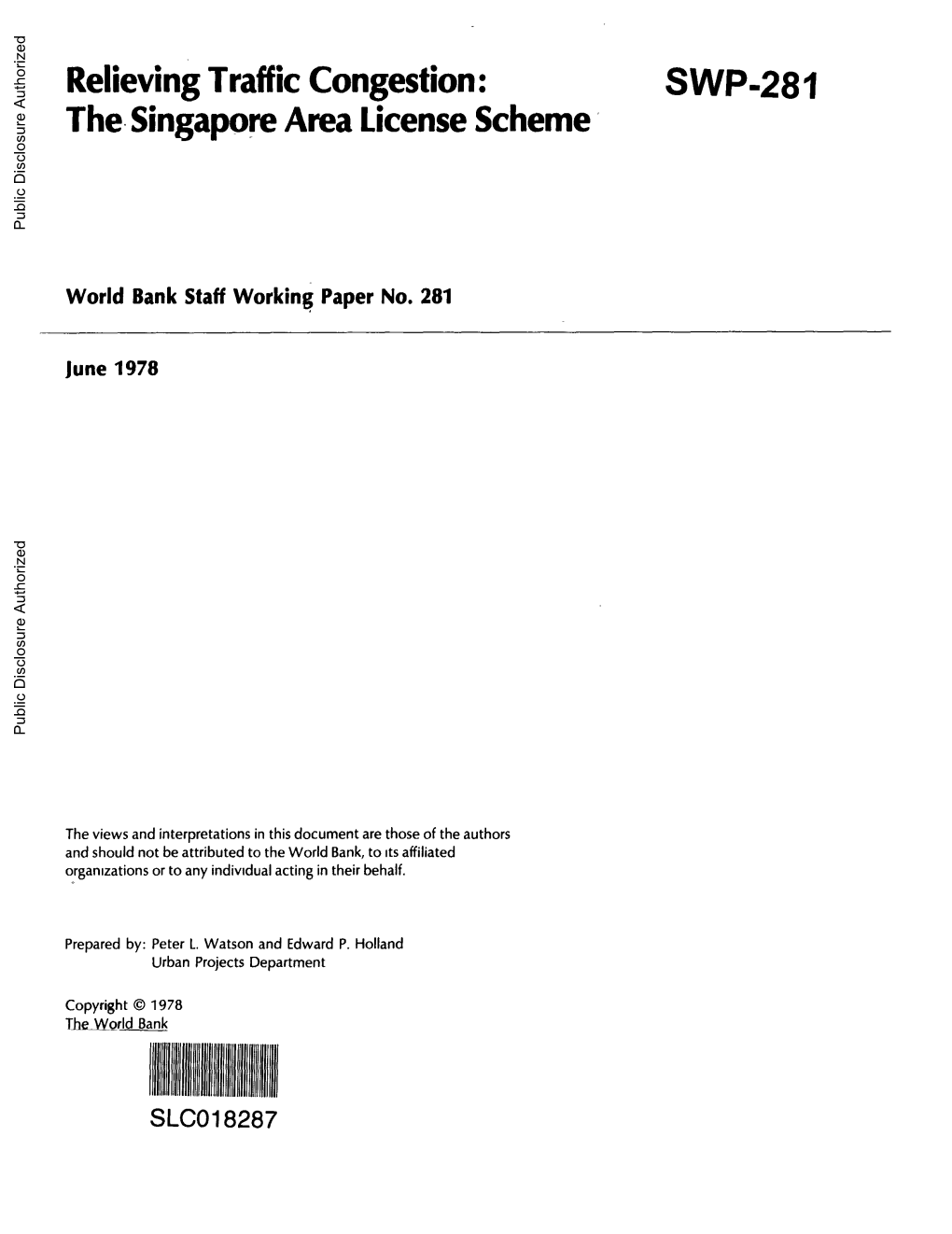 SWP-281 the Singapore Area License Scheme Public Disclosure Authorized