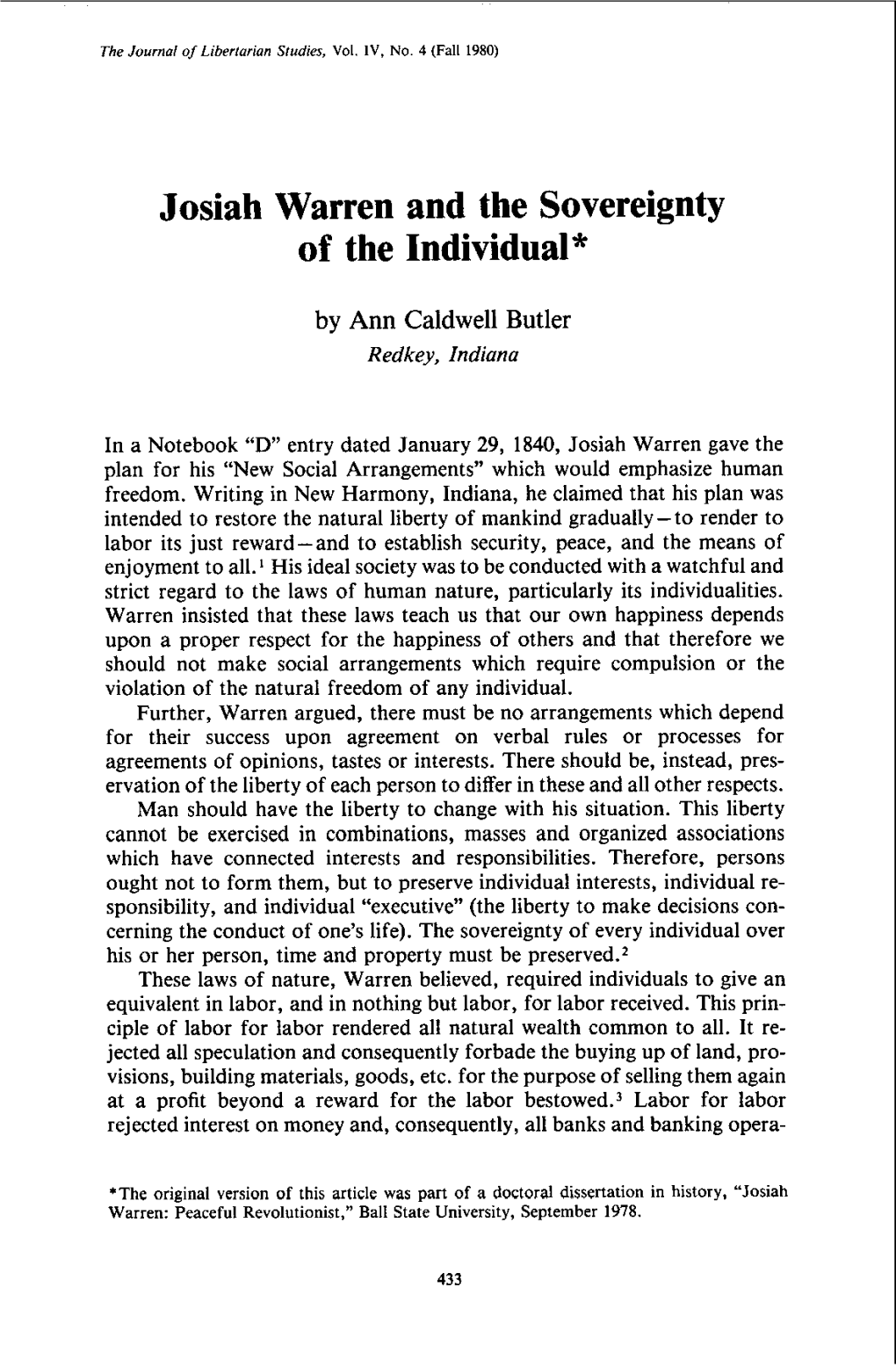 Josiah Warren and the Sovereignty of the Individual*