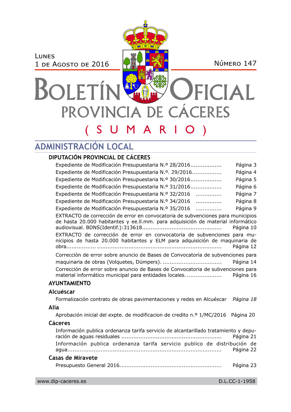 ADMINISTRACIÓN LOCAL Diputación Provincial De Cáceres Expediente De Modificación Presupuestaria N.º 28/2016