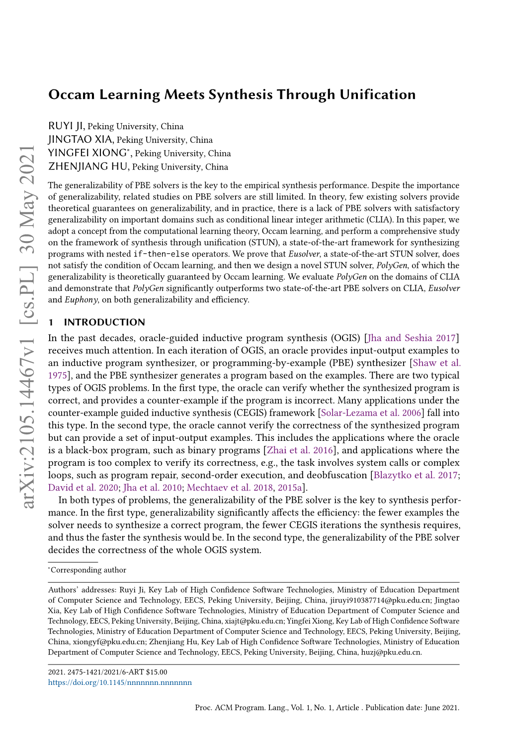 Occam Learning Meets Synthesis Through Unification