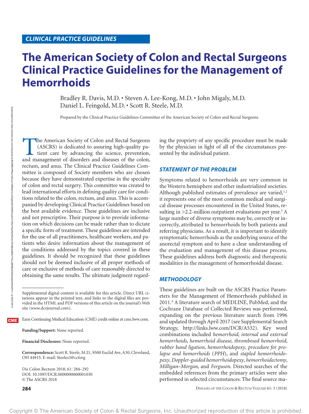 The American Society of Colon and Rectal Surgeons Clinical Practice Guidelines for the Management of Hemorrhoids