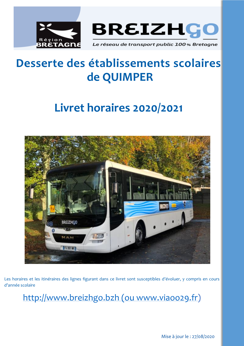 Desserte Des Établissements Scolaires De QUIMPER Livret Horaires 2020