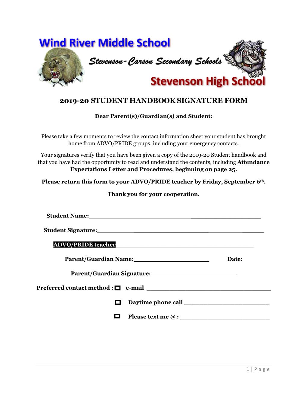 2019-20 Student Handbooksignature Form