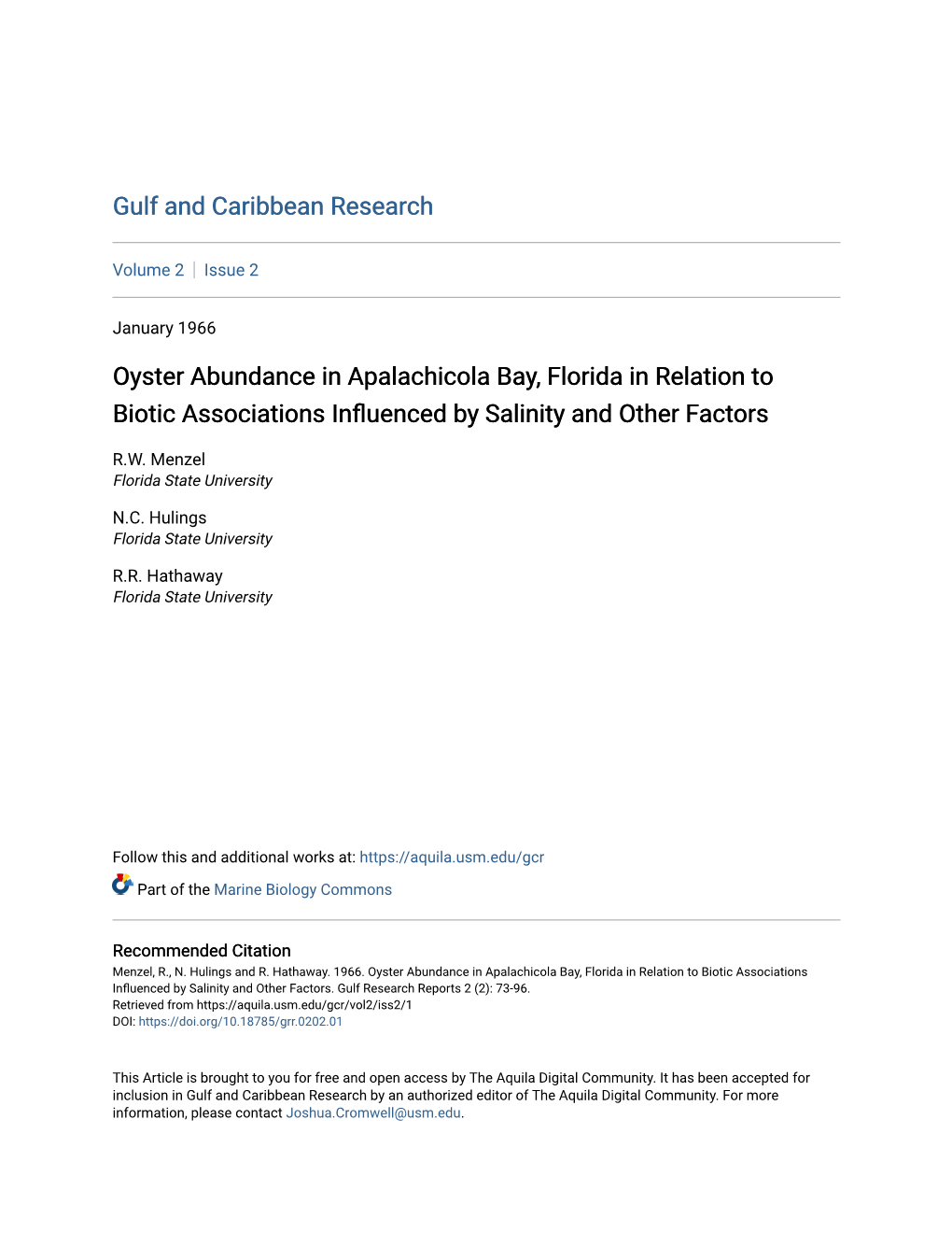 Oyster Abundance in Apalachicola Bay, Florida in Relation to Biotic Associations Influenced by Salinity and Other Factors
