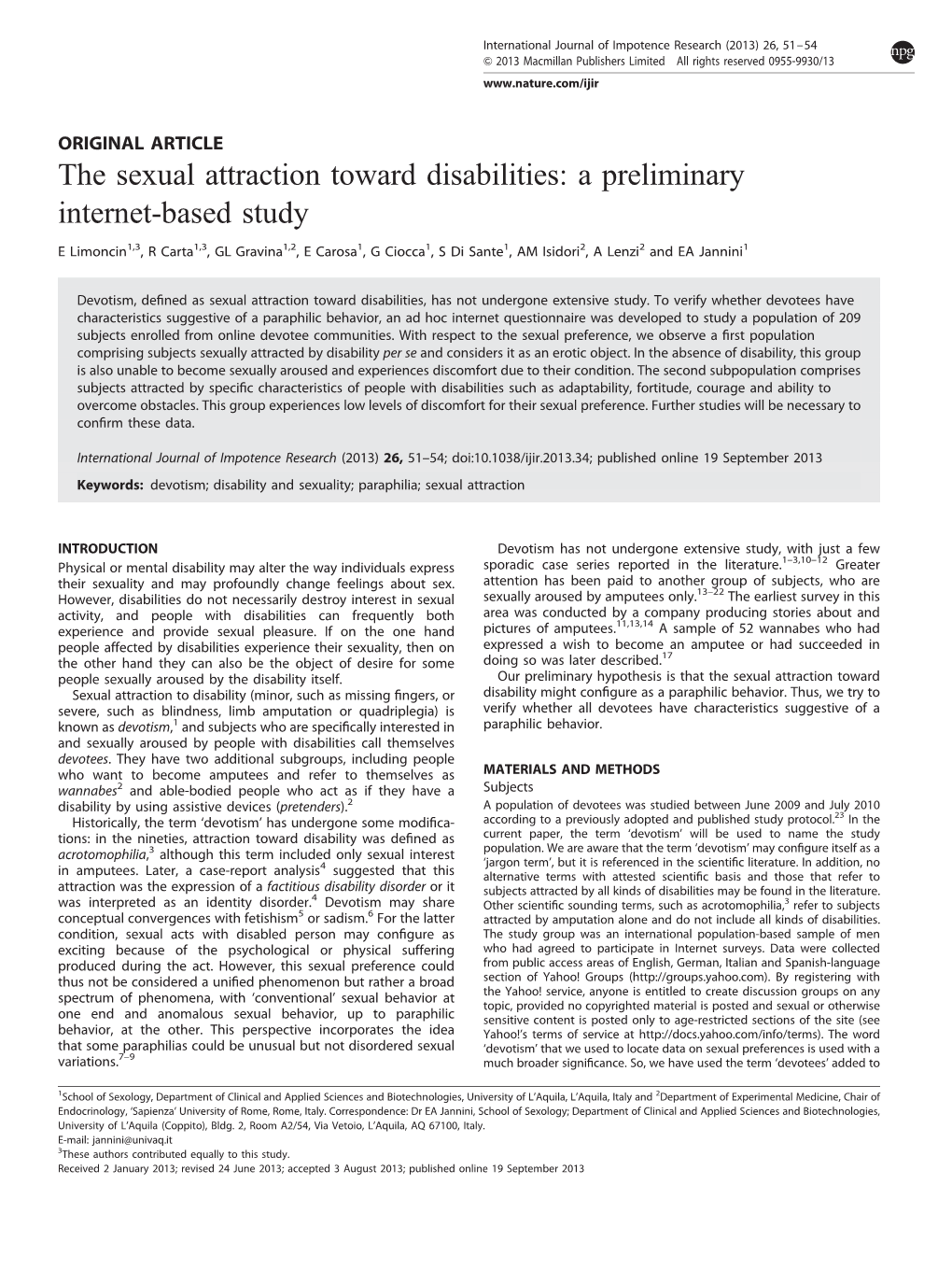 The Sexual Attraction Toward Disabilities: a Preliminary Internet-Based Study