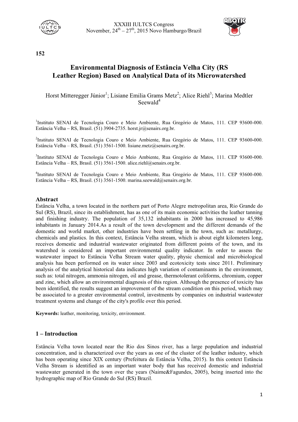 Environmental Diagnosis of Estância Velha City (RS Leather Region) Based on Analytical Data of Its Microwatershed