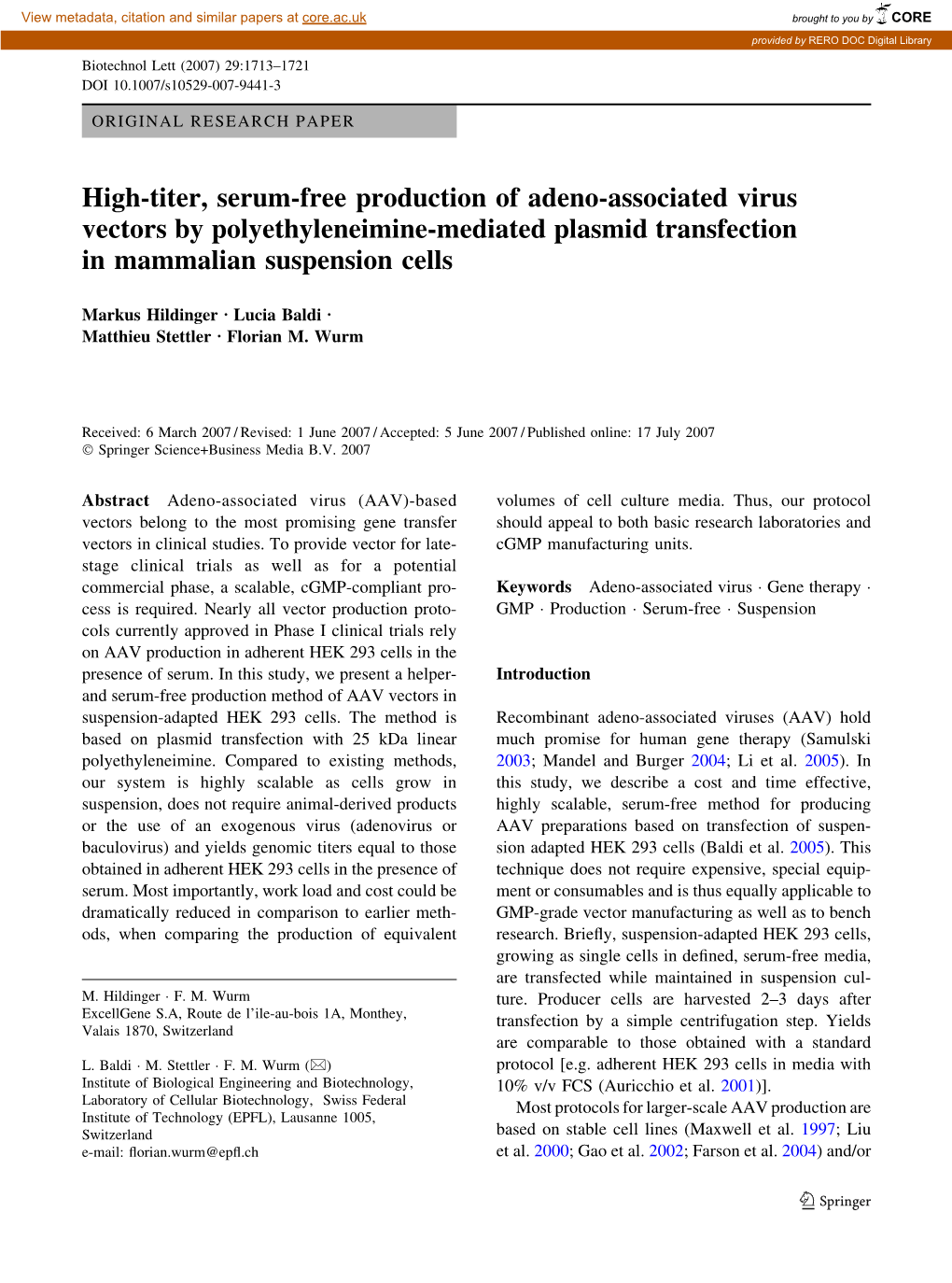 High-Titer, Serum-Free Production of Adeno-Associated Virus Vectors by Polyethyleneimine-Mediated Plasmid Transfection in Mammalian Suspension Cells
