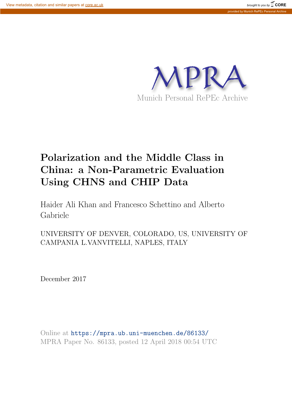 Polarization and the Middle Class in China: a Non-Parametric Evaluation Using CHNS and CHIP Data