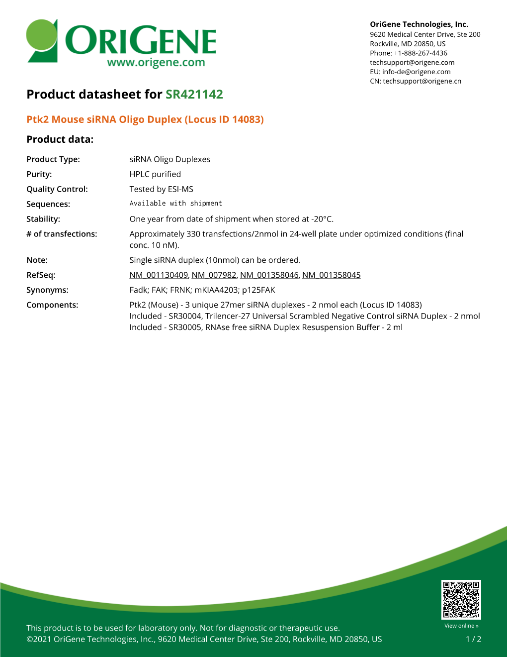 Ptk2 Mouse Sirna Oligo Duplex (Locus ID 14083) Product Data