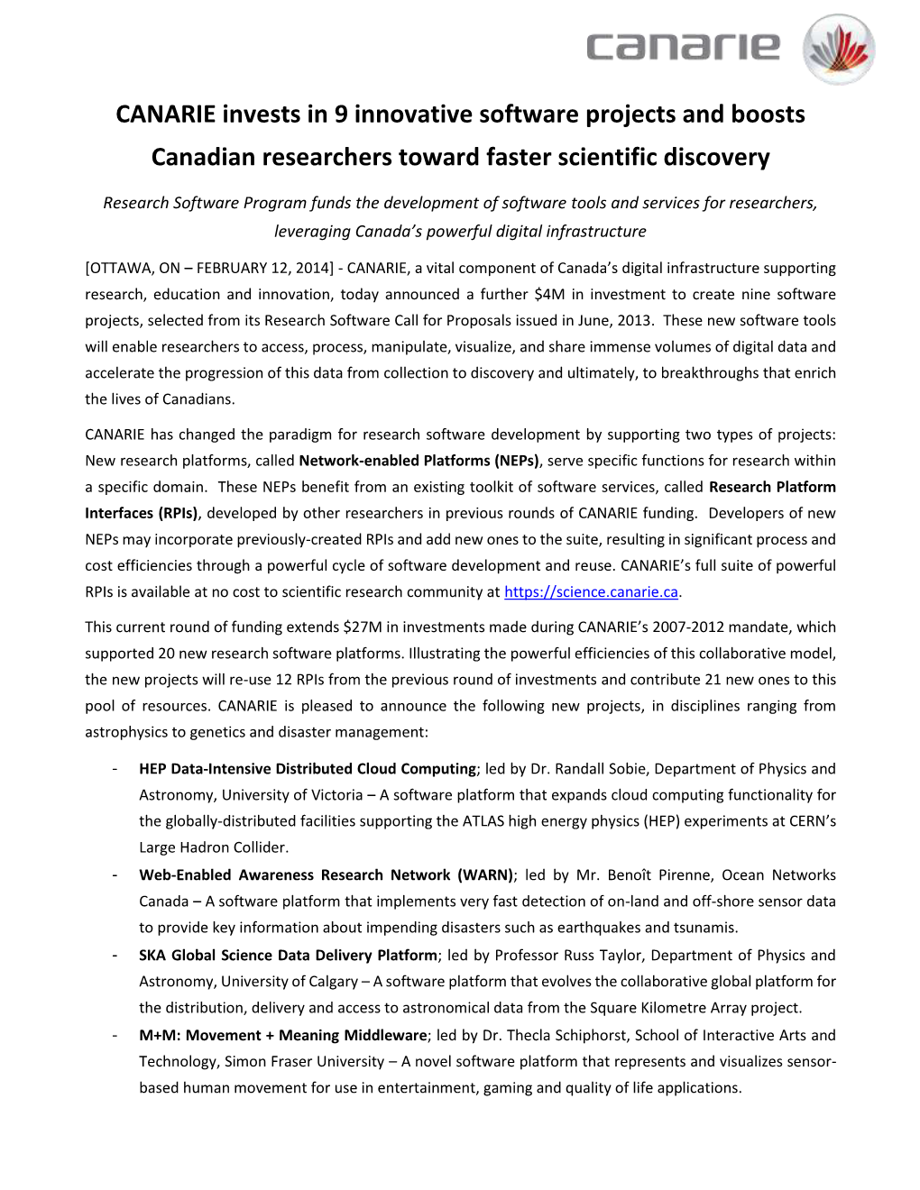 CANARIE Invests in 9 Innovative Software Projects and Boosts Canadian Researchers Toward Faster Scientific Discovery