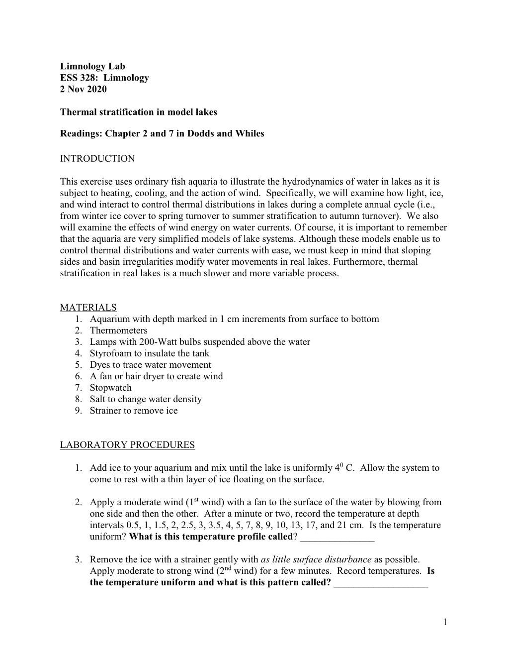 1 Limnology Lab ESS 328: Limnology 2 Nov 2020 Thermal Stratification In