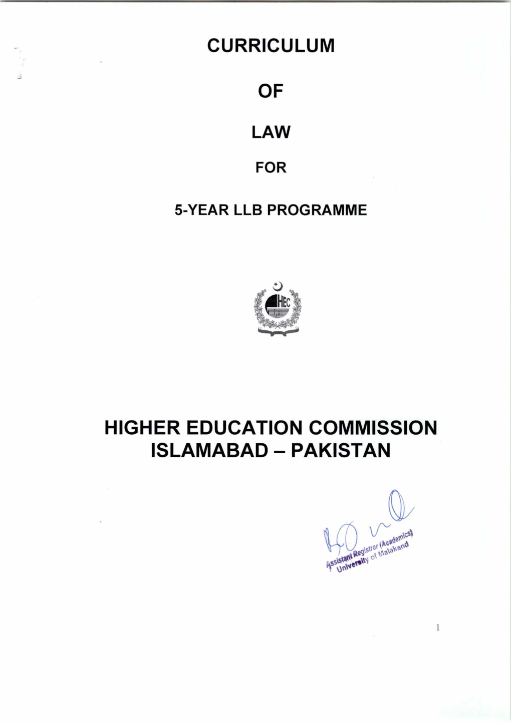 Curriculum of Law Higher Education Commission Islamabad Pakistan