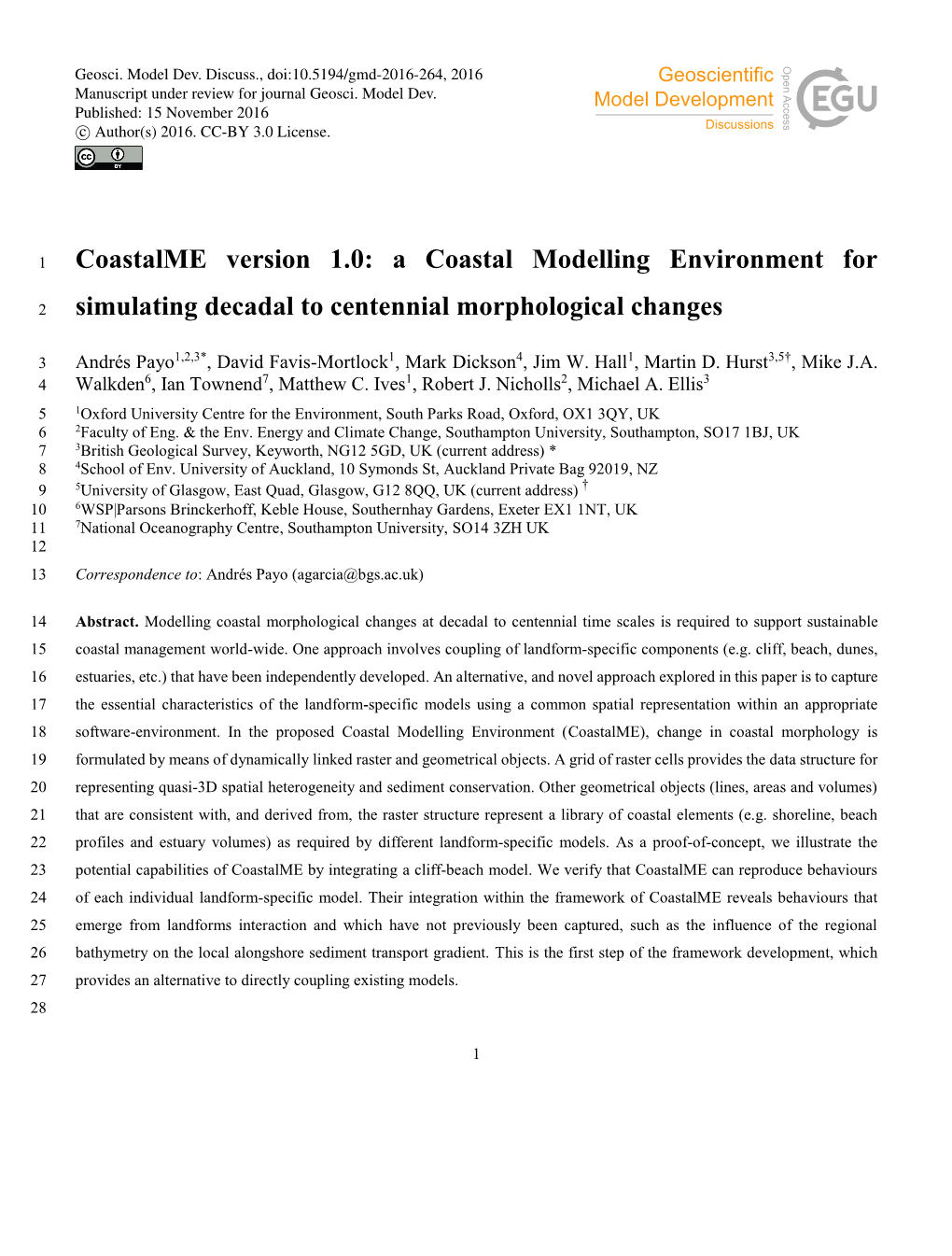 Coastalme Version 1.0: a Coastal Modelling Environment For