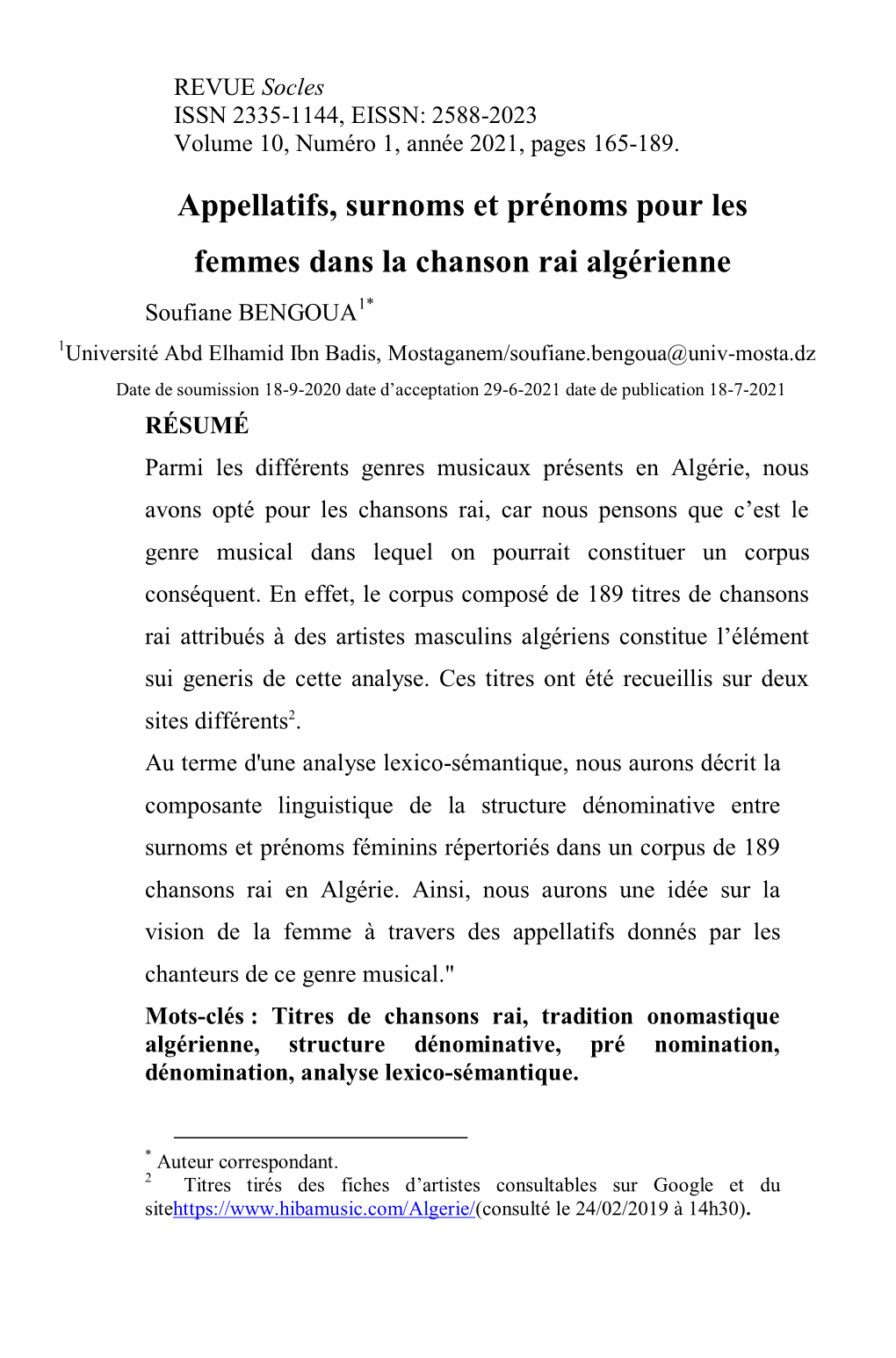 Appellatifs, Surnoms Et Prénoms Pour Les Femmes Dans La Chanson Rai