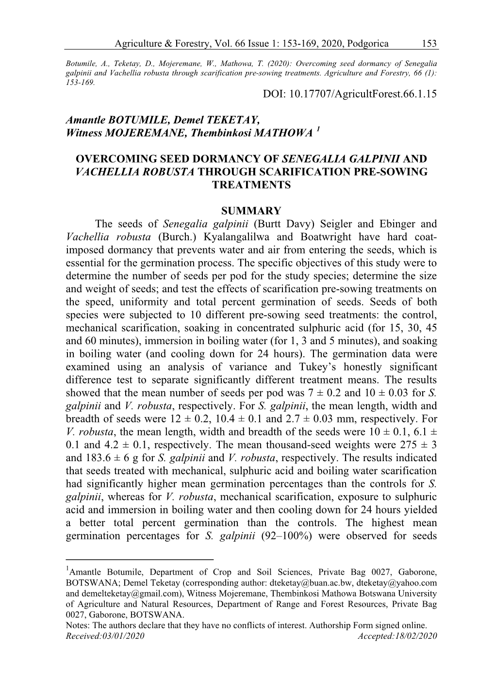 Agriculture and Forestry, 66 (1): 153-169