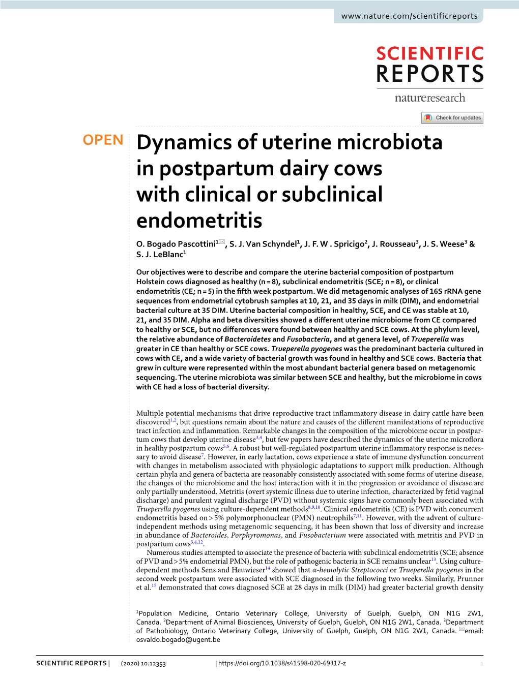 Dynamics of Uterine Microbiota in Postpartum Dairy Cows with Clinical Or Subclinical Endometritis O